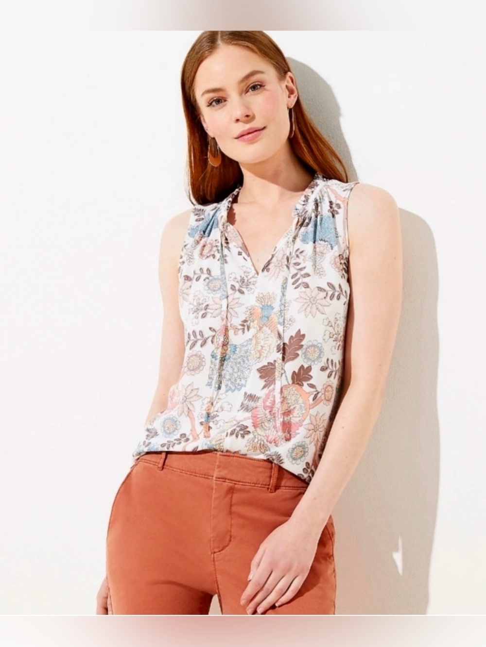 LOFT Garden Ruffle Tie Neck Mixed Media Shell in Size XS